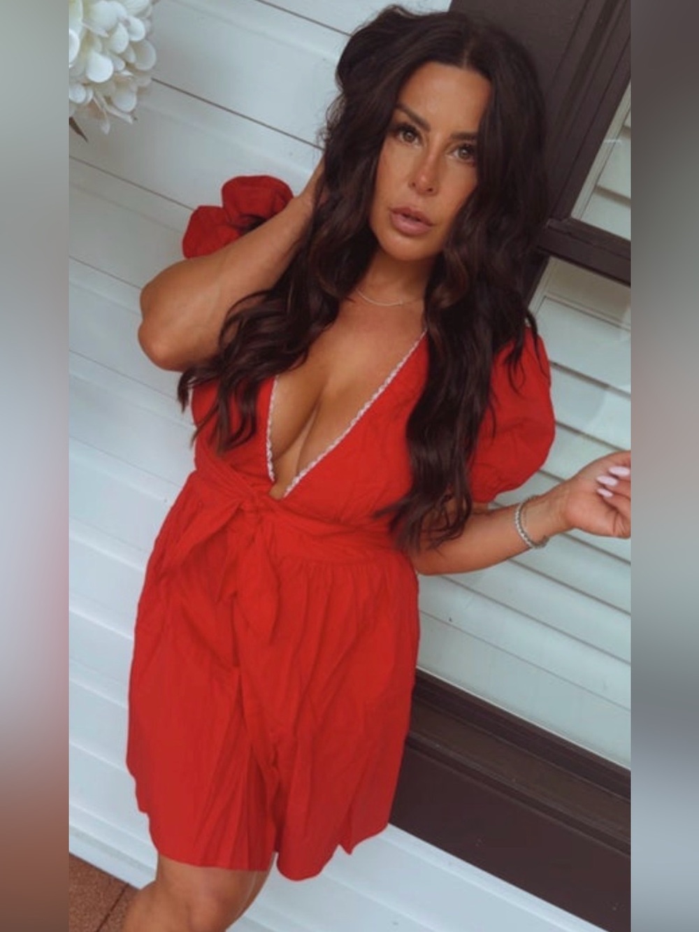 Women's Red V-Neck Tie Front Dress